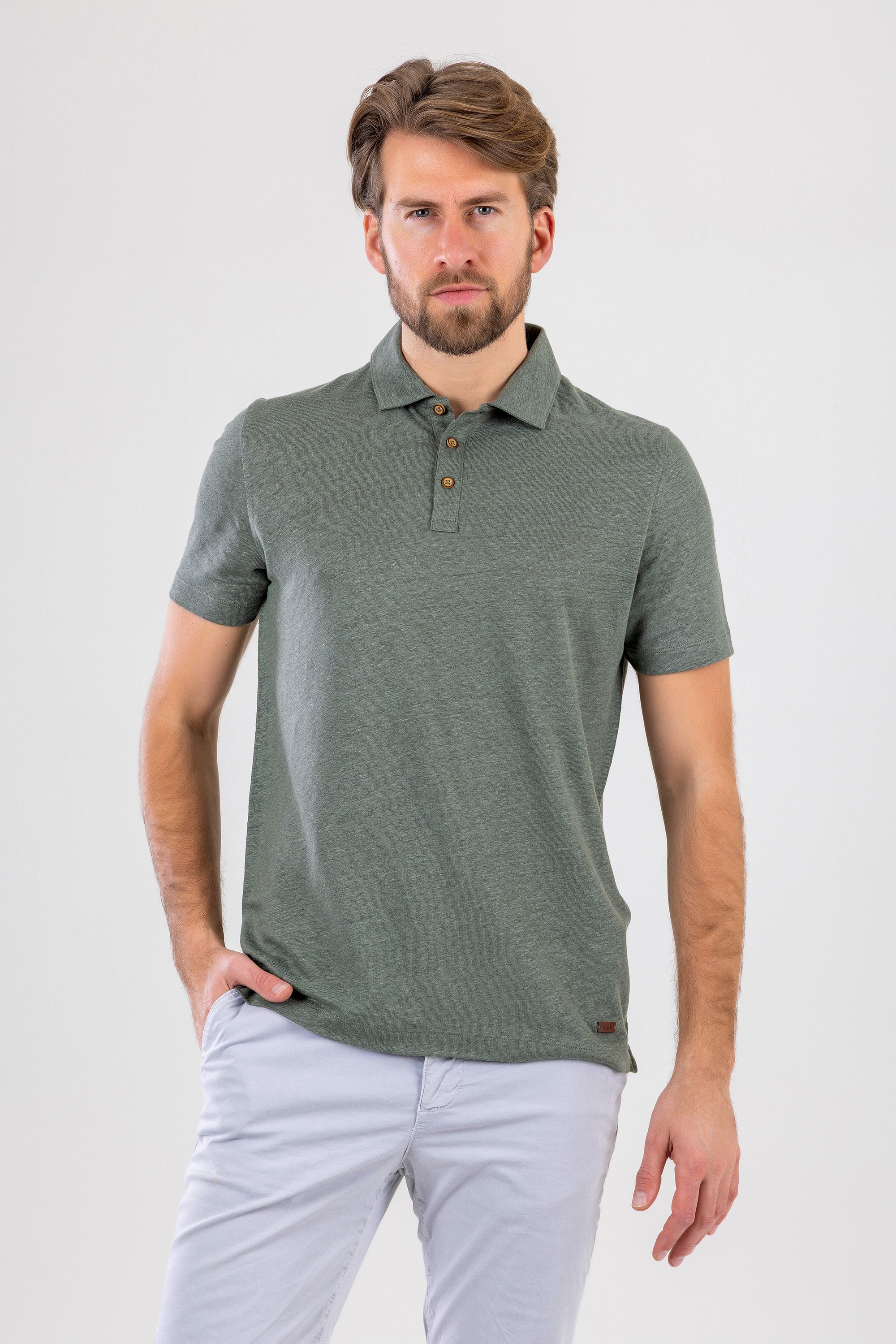 HUGH Olive Green Linen Polo Shirt
