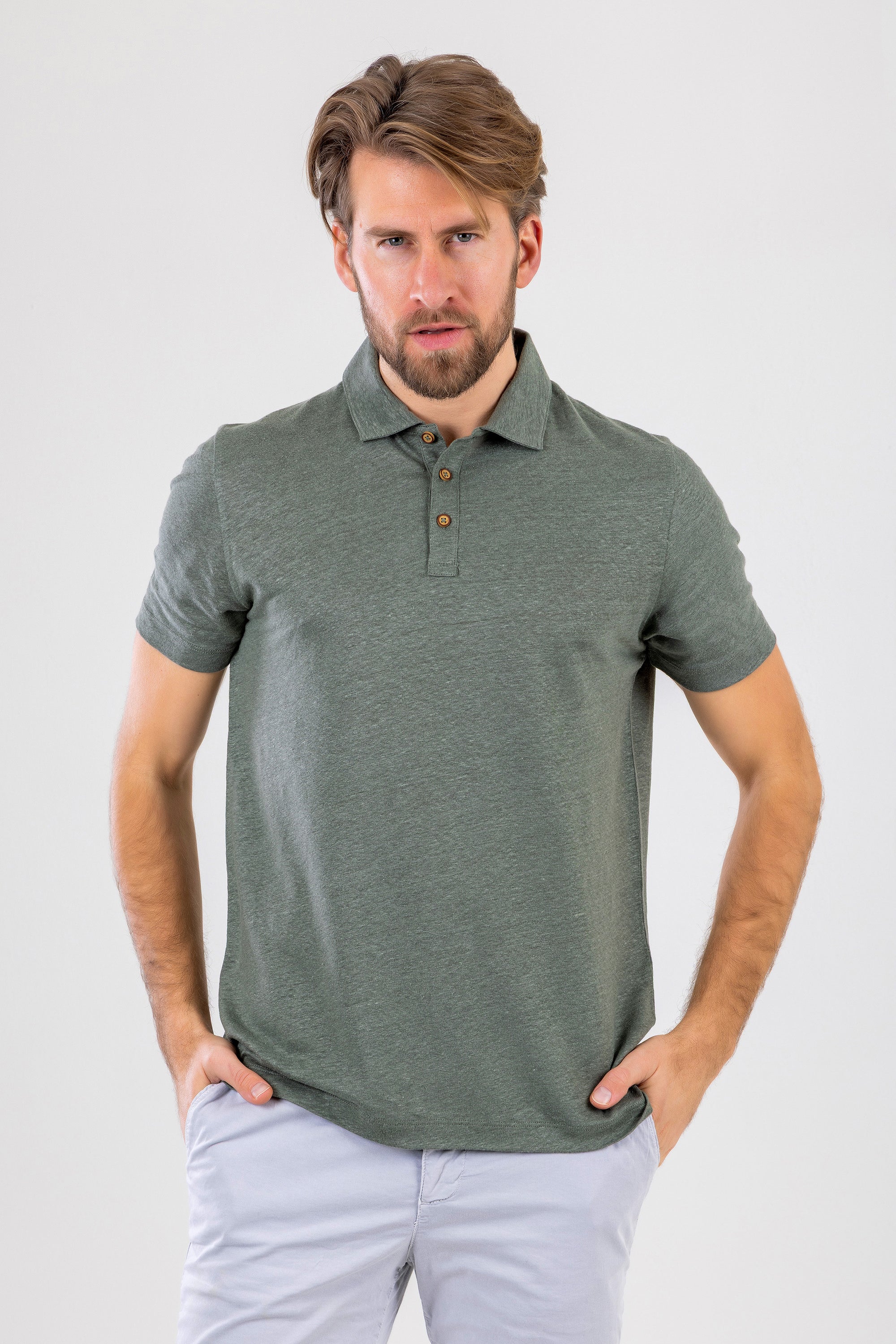 HUGH Olive Green Linen Polo Shirt
