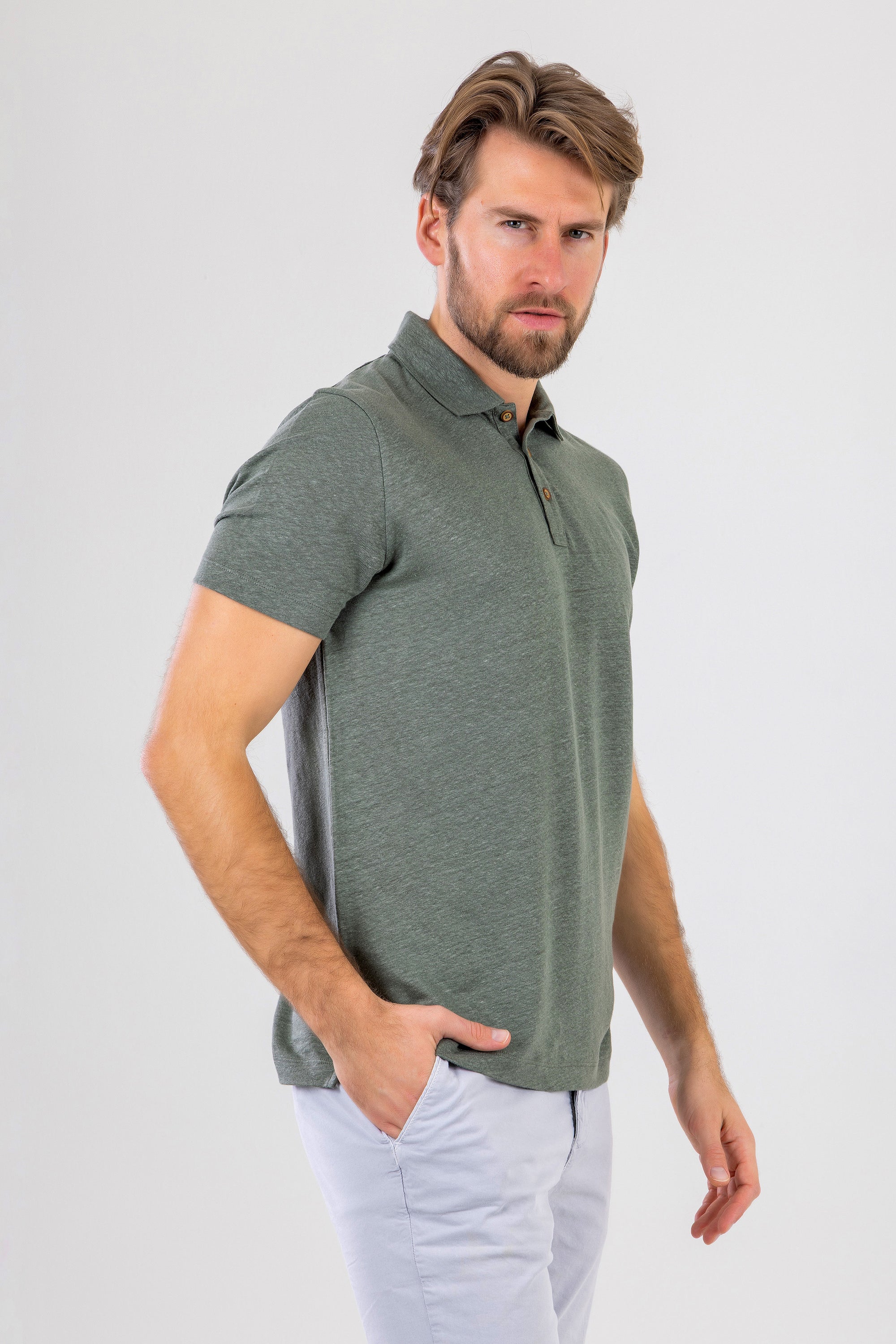 HUGH Olive Green Linen Polo Shirt