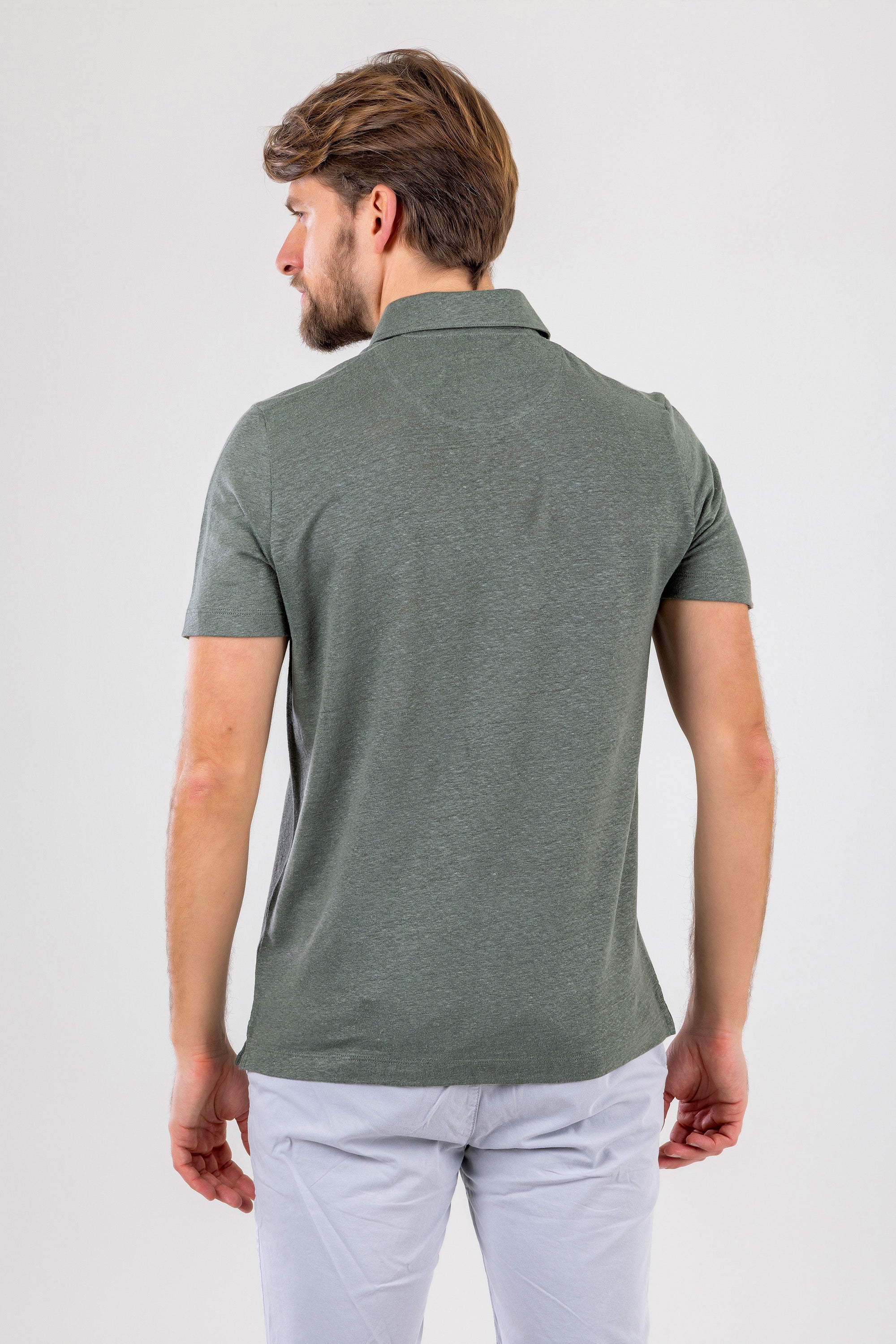 HUGH Olive Green Linen Polo Shirt
