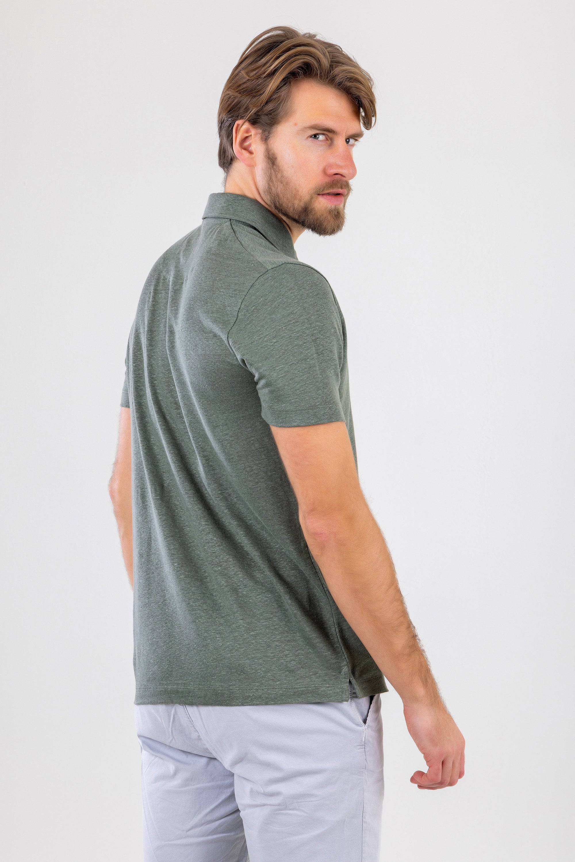 HUGH Olive Green Linen Polo Shirt