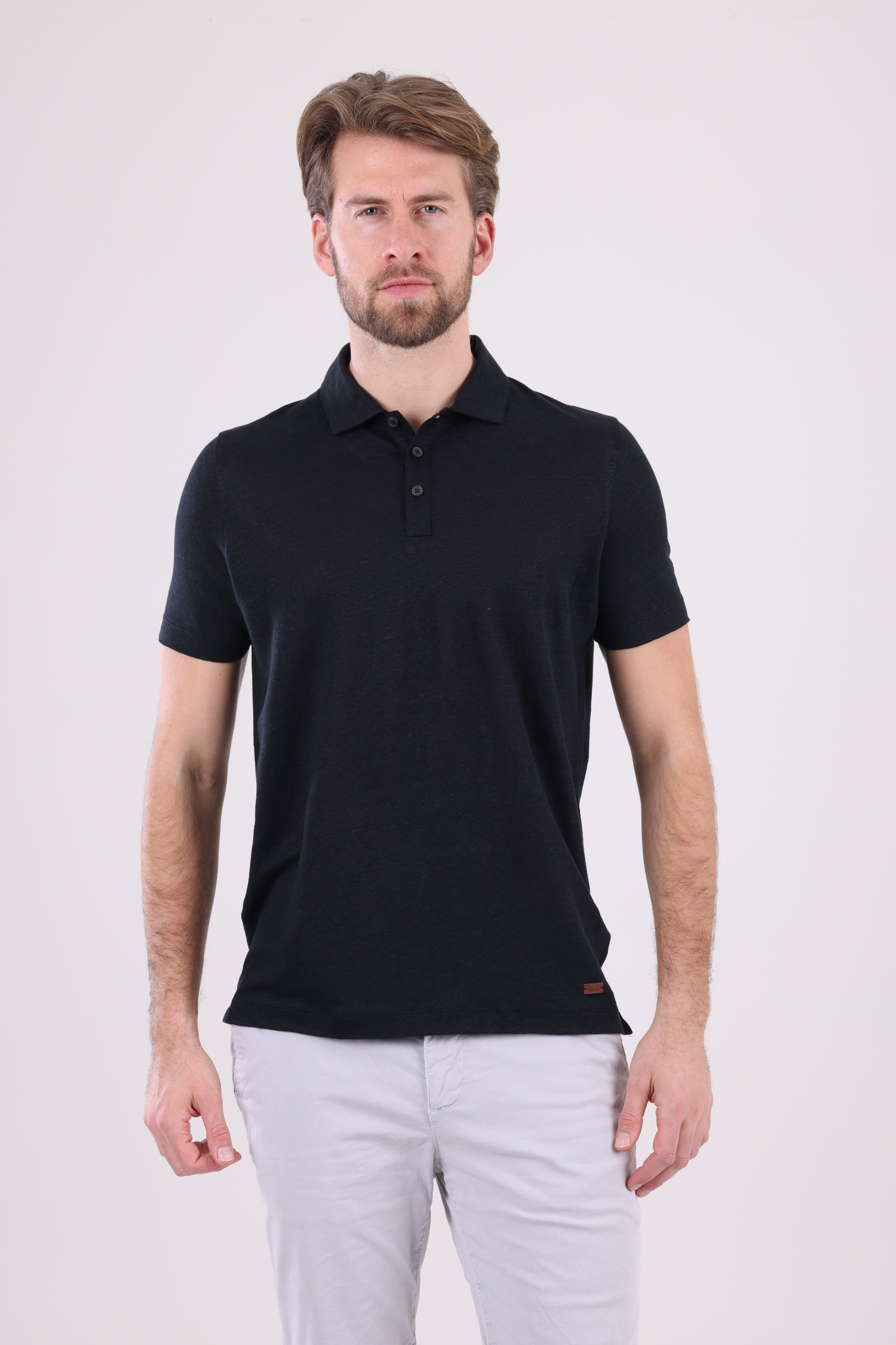 HUGH Pure Black Linen Polo Shirt
