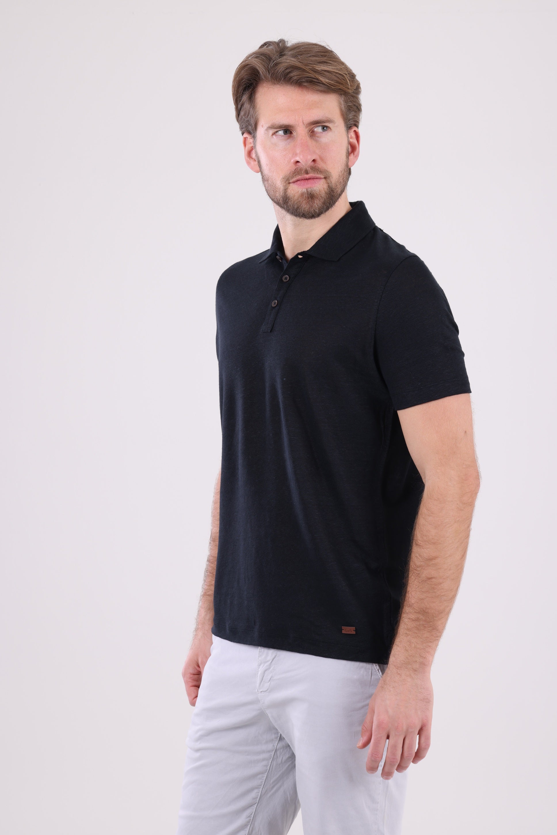 HUGH Pure Black Linen Polo Shirt