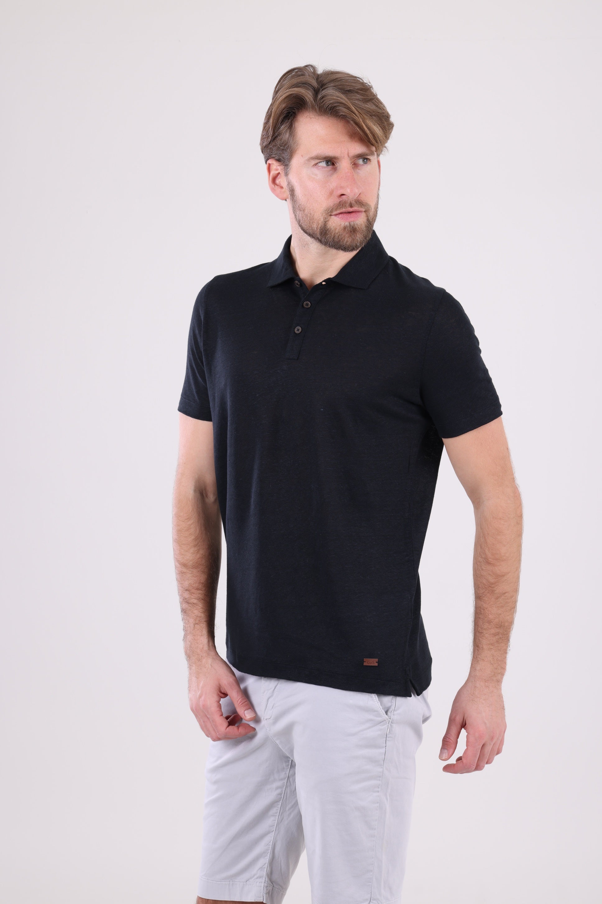 HUGH Pure Black Linen Polo Shirt