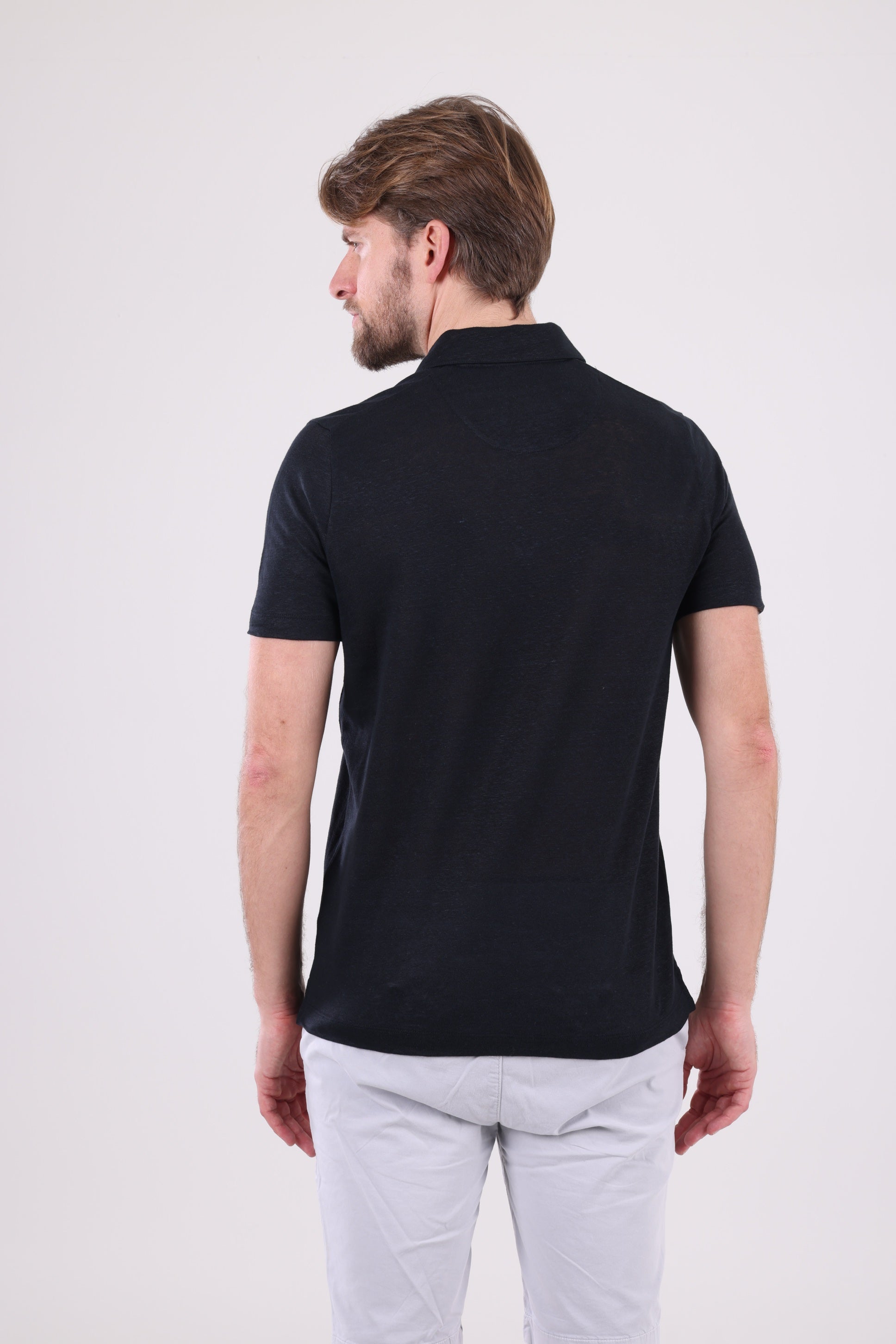 HUGH Pure Black Linen Polo Shirt