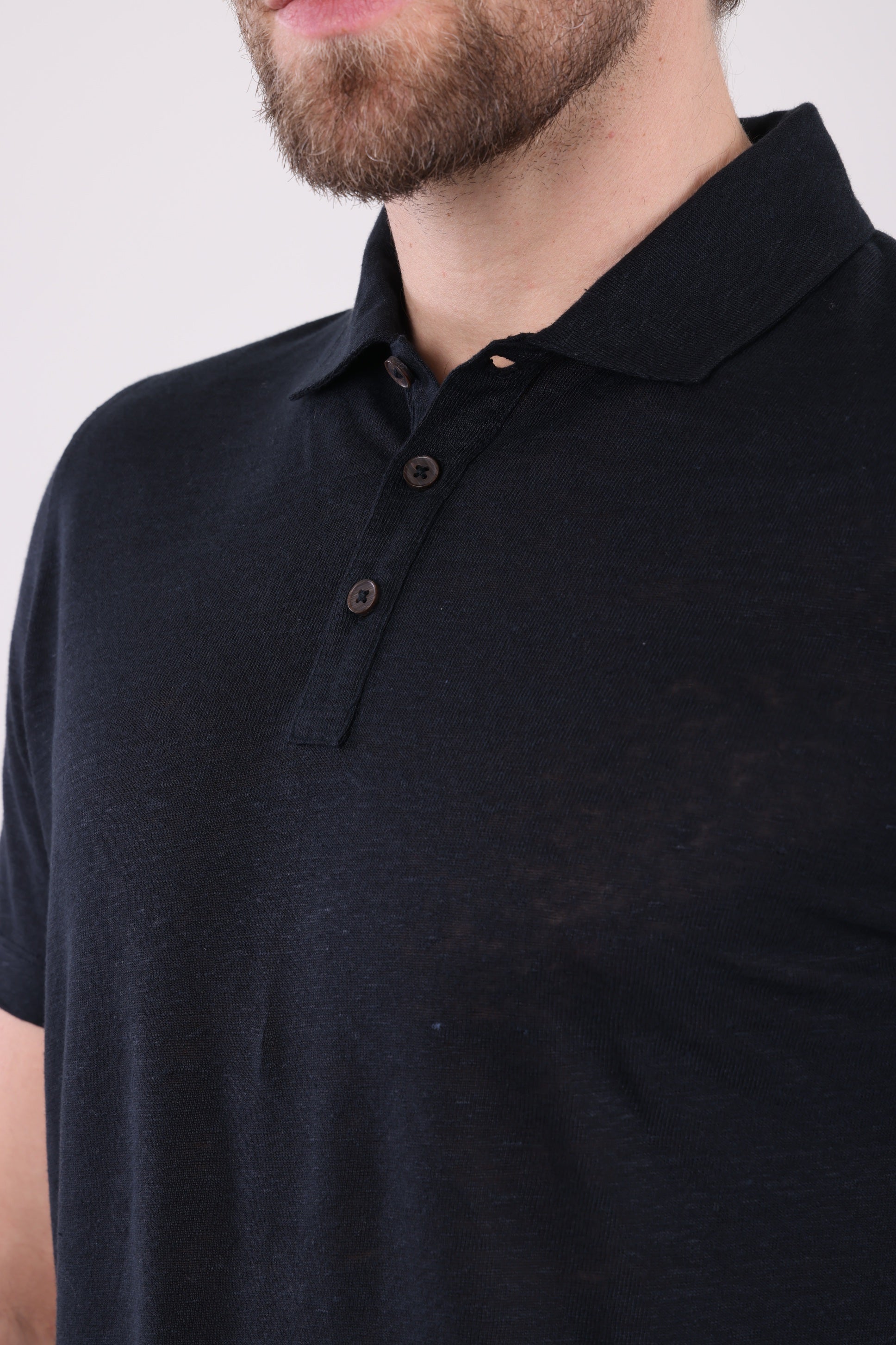 HUGH Pure Black Linen Polo Shirt